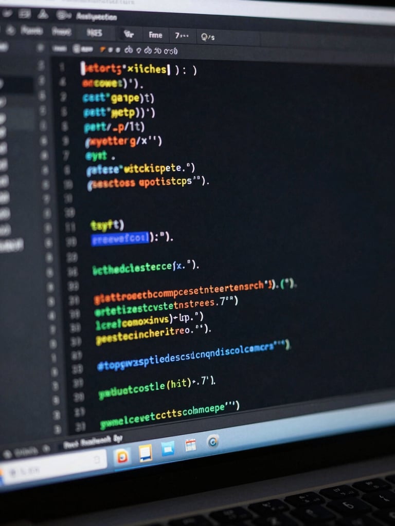 Macro shot of clean, dark-mode IDE with structured TypeScript code, neon syntax highlighting, shallow depth of field, professional tech workspace.