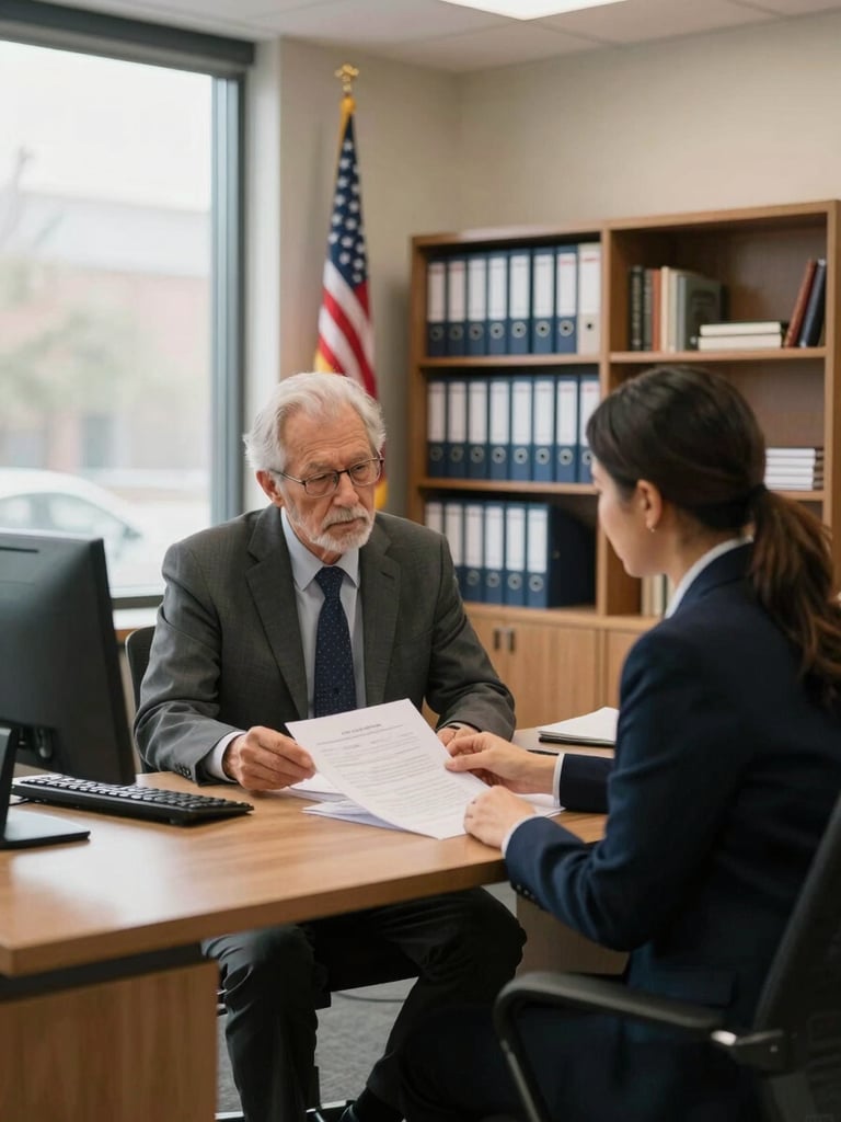 Wide environmental shot of a clean intake office interior, a case manager seated at a desk reviewing documents with a veteran across from them, natural window light on one side, bookshelves with binders and a small American flag visible in background, warm and professional atmosphere