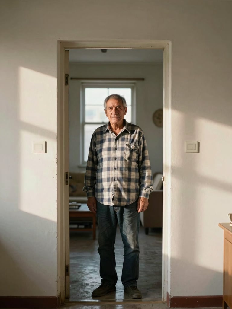 Environmental portrait, wide doorway of a modest apartment unit, a veteran in a clean flannel shirt standing at threshold looking directly at camera, natural afternoon light from a window behind casting warm shadows on painted walls, context of a furnished living space visible in background