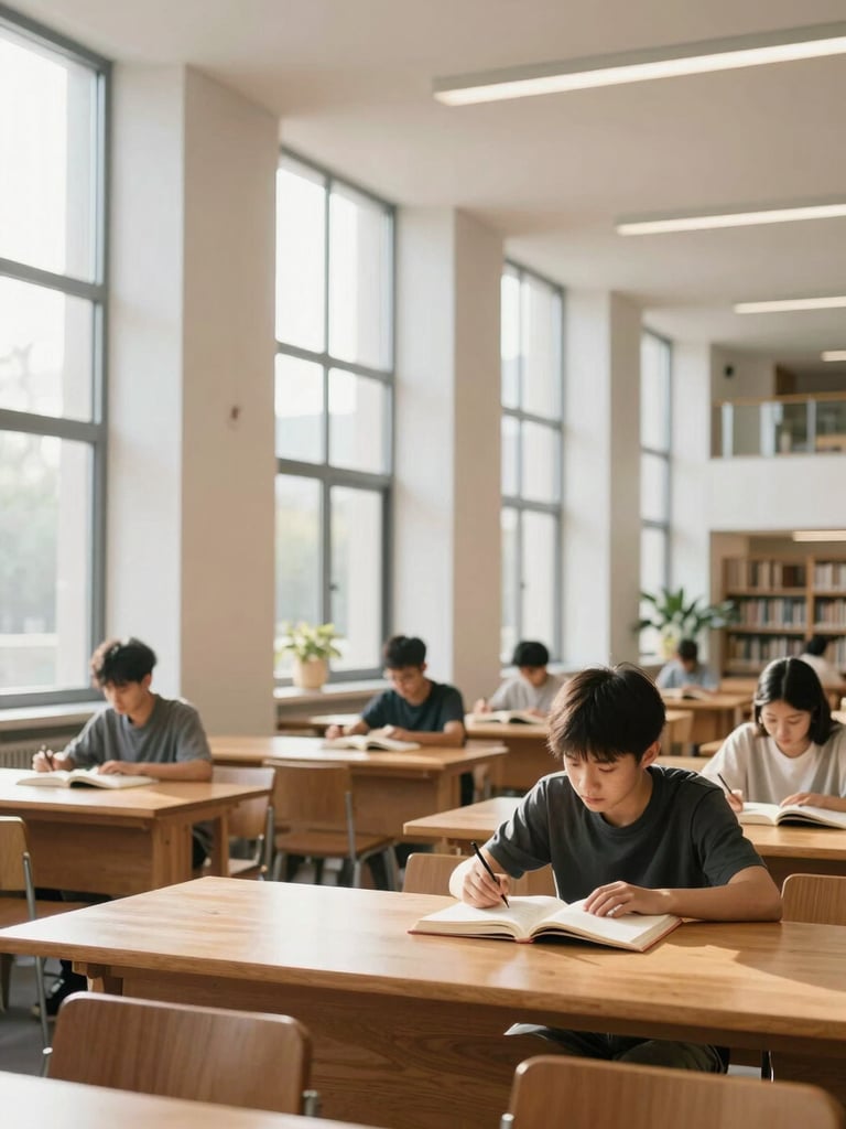A serene library interior with clean architectural lines, warm natural light streaming through high windows, students quietly reading at wooden tables, 35mm lens.
