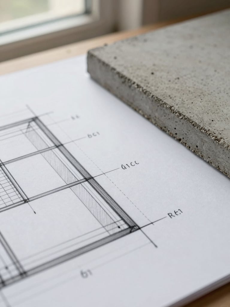 Close-up of architectural drawing annotations on white paper beside a concrete material sample, natural diffused light from a side window, sharp focus on pencil lines and edge detail, no people