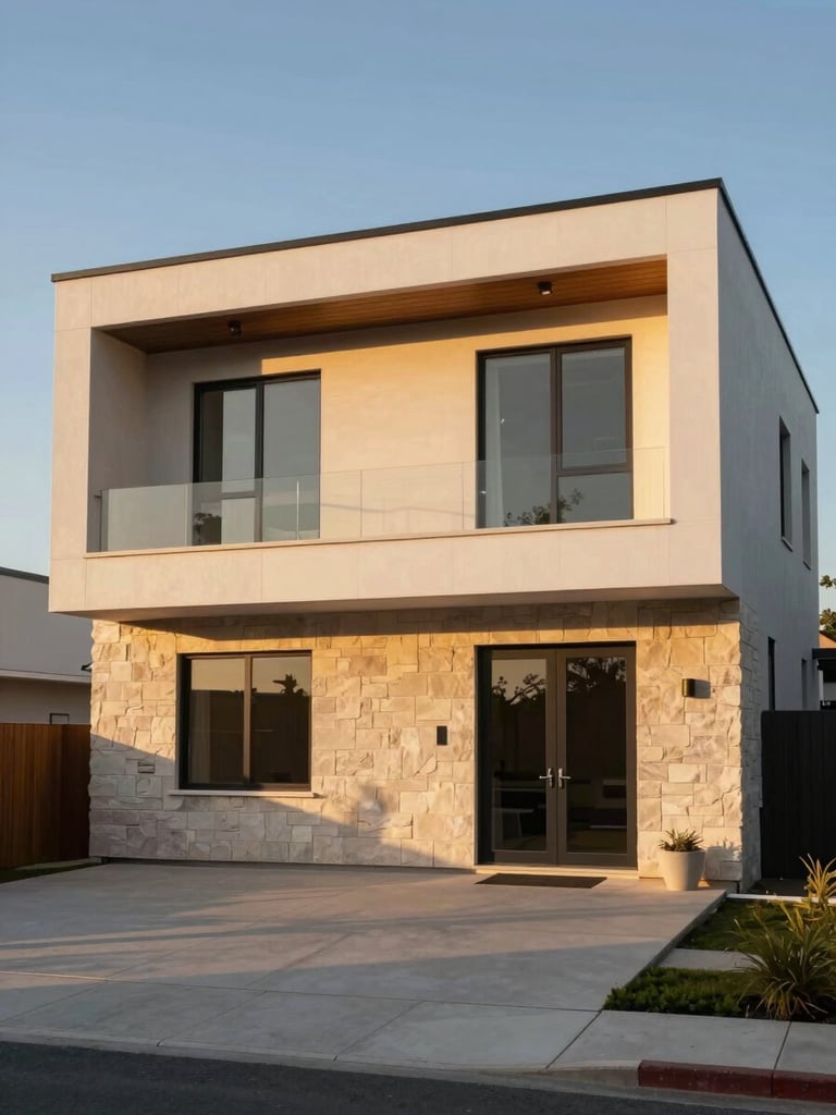 Exterior elevation of a completed modern home at golden hour — clean geometric façade with shadow lines cast by a deep overhang, warm stone cladding, empty driveway, low horizon, wide cinematic framing