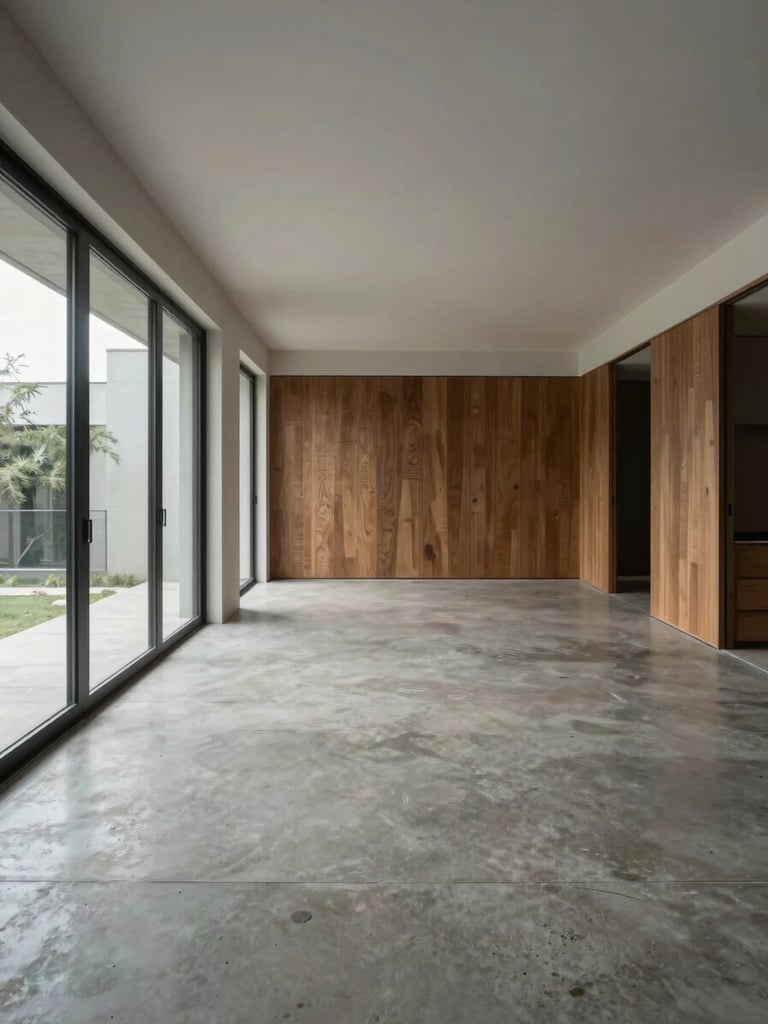 Wide interior shot of a completed residential living space — polished concrete floor, flush joinery, floor-to-ceiling openings admitting diffused daylight, empty room, editorial composition with strong horizontal lines