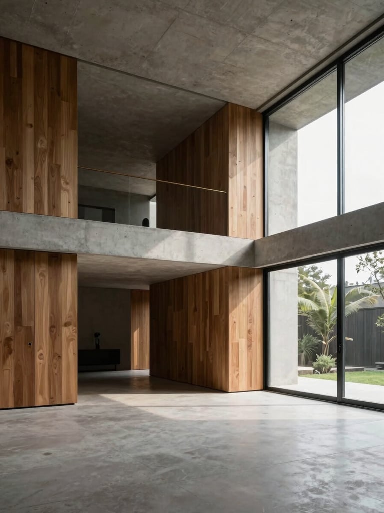 Wide interior shot of a completed minimalist residence in India — a double-height living space, concrete ceiling plane, flush timber joinery, diffused northern daylight pouring through full-height glazing, empty room emphasising proportion and material precision, cool editorial tone