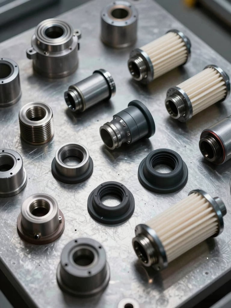 Extreme close-up overhead shot of industrial air compressor filter components laid flat on a machined steel surface — threaded end caps, rubber seals, and cylindrical filter housings arranged in a technical diagram pattern, studio strobe lighting revealing surface finish and dimensional detail, no people, no decorative elements