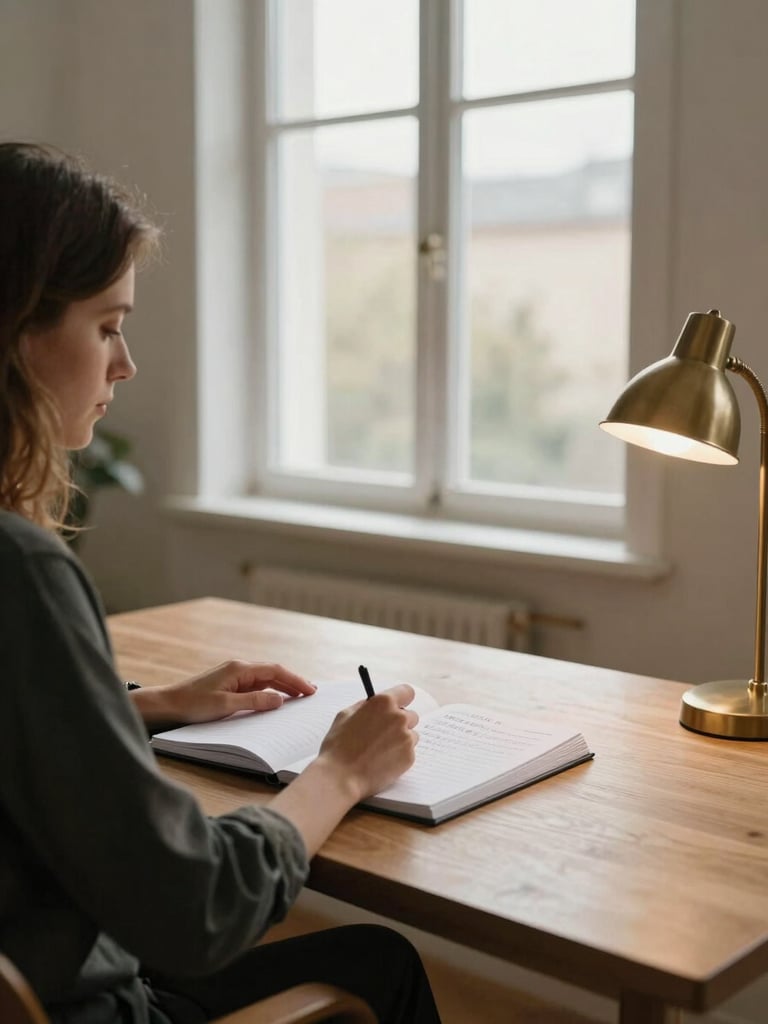 Wide editorial shot, a woman seated at a minimal wooden desk near a tall window, north-facing daylight, her hand resting open on a journal with handwritten number sequences, quiet interior with cream walls and one warm brass lamp, medium environmental framing, no mystical objects