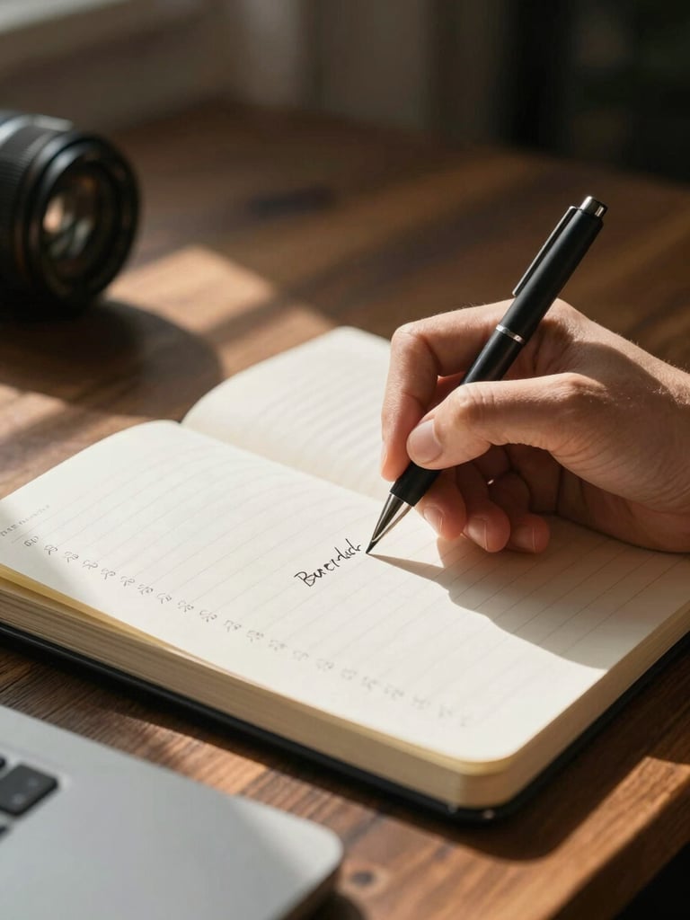 Close-up of a hand writing deliberate notes in an open journal on a dark wooden desk, warm directional north-facing daylight entering from the left, a sequence of handwritten numbers visible as texture in the background, quiet and focused atmosphere