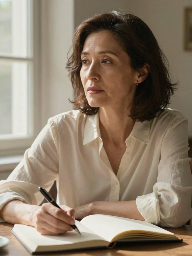 Close-up portrait framing of a woman in her forties seated at a quiet table, north-facing window light sculpting her face, an open notebook in front of her, pen resting on the page, expression contemplative and still, warm cream and shadow tones, no props or mystical objects