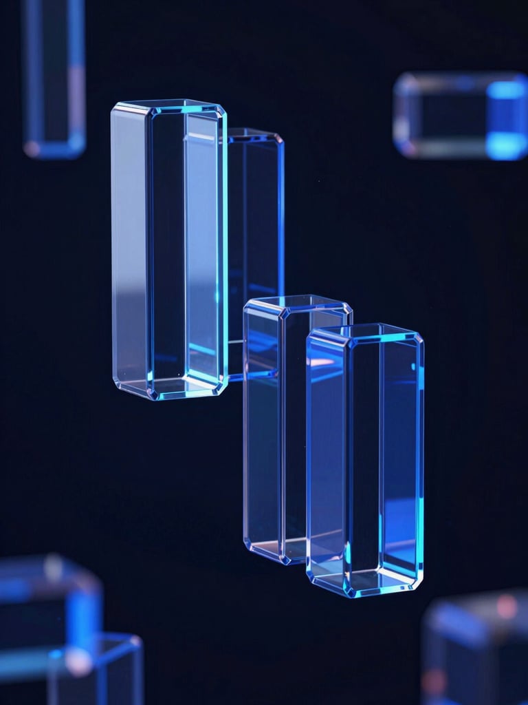 Sleek 3D render of abstract glass data structures, deep blue and neon accents, dark background, cinematic lighting, octane render