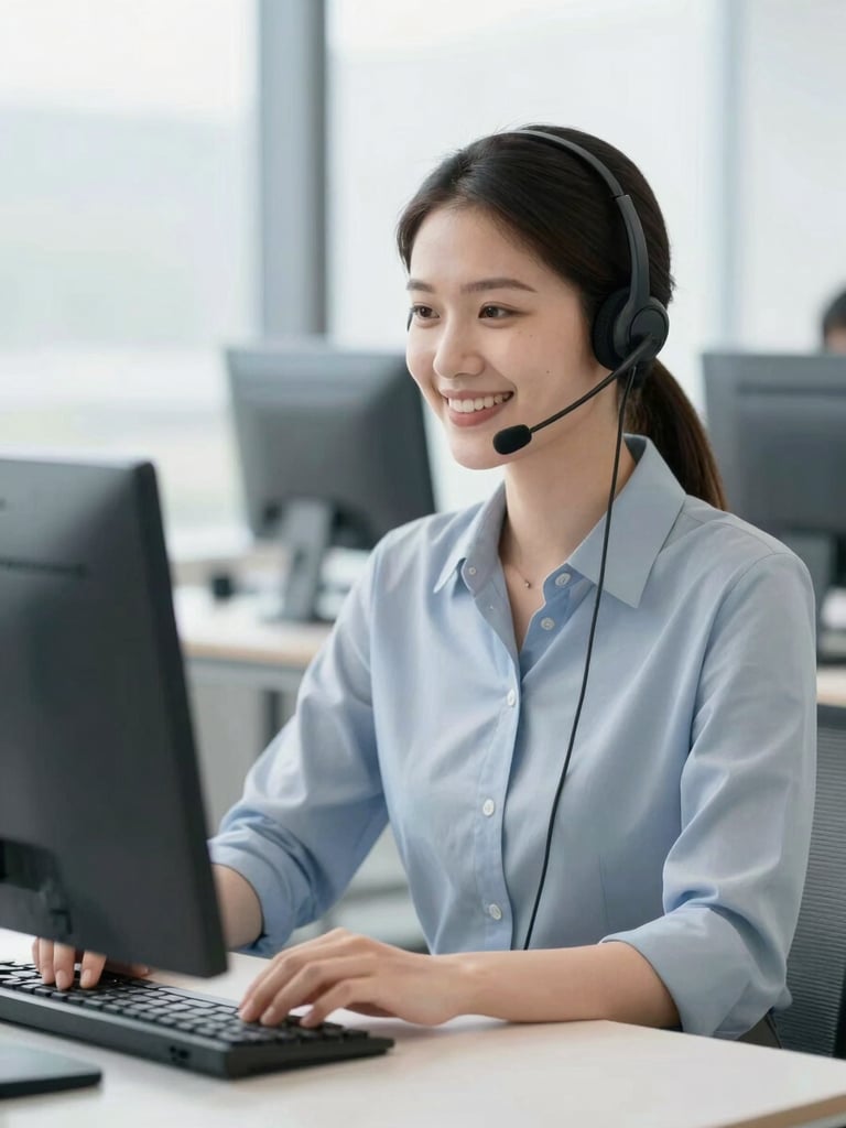 Approachable customer support agent with a headset smiling in a bright, modern office with soft natural light, professional blue and slate gray tones.