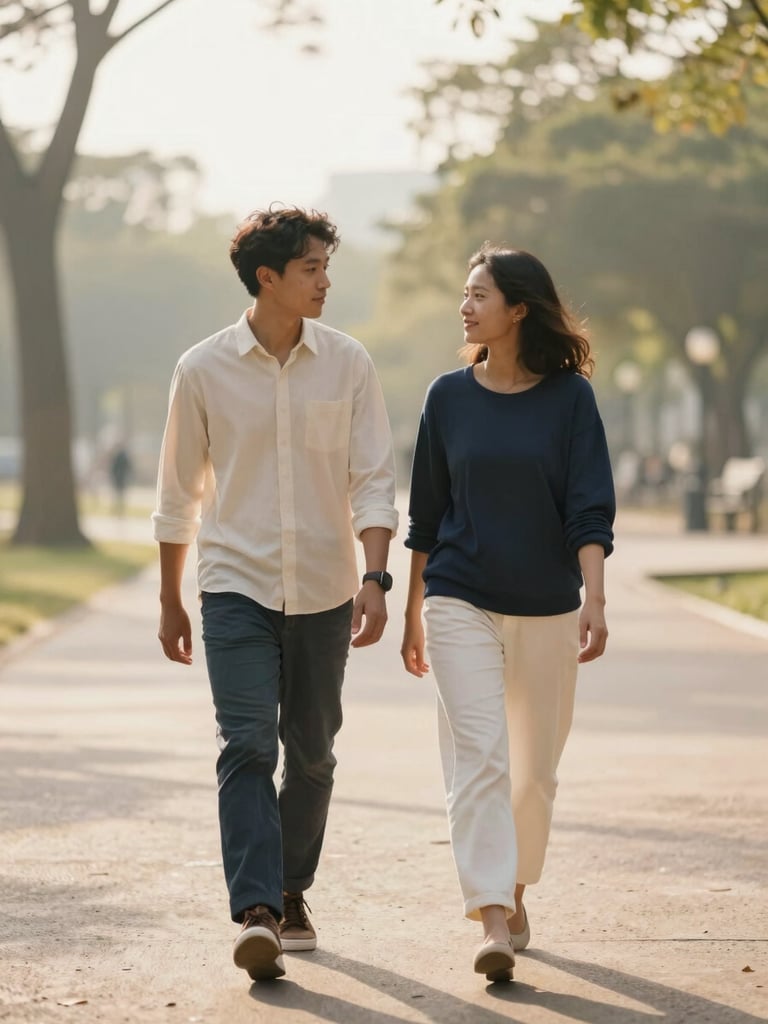 Diverse couple walking in a sunlit park, engaged in quiet conversation, warm editorial photography, soft golden-hour window light, muted cream and navy tones, shallow depth of field, 35mm