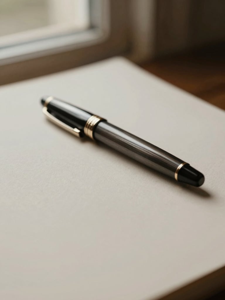 Close-up of a premium fountain pen resting on clean textured paper, soft natural window light, warm neutral tones, shallow depth of field