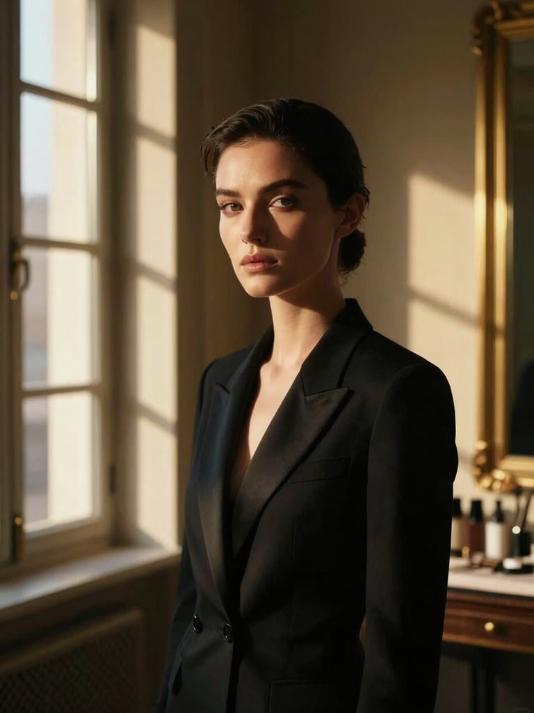 A high-fashion portrait of a female master retoucher, soft golden-hour window light, looking directly at the camera, elegant and professional, medium format