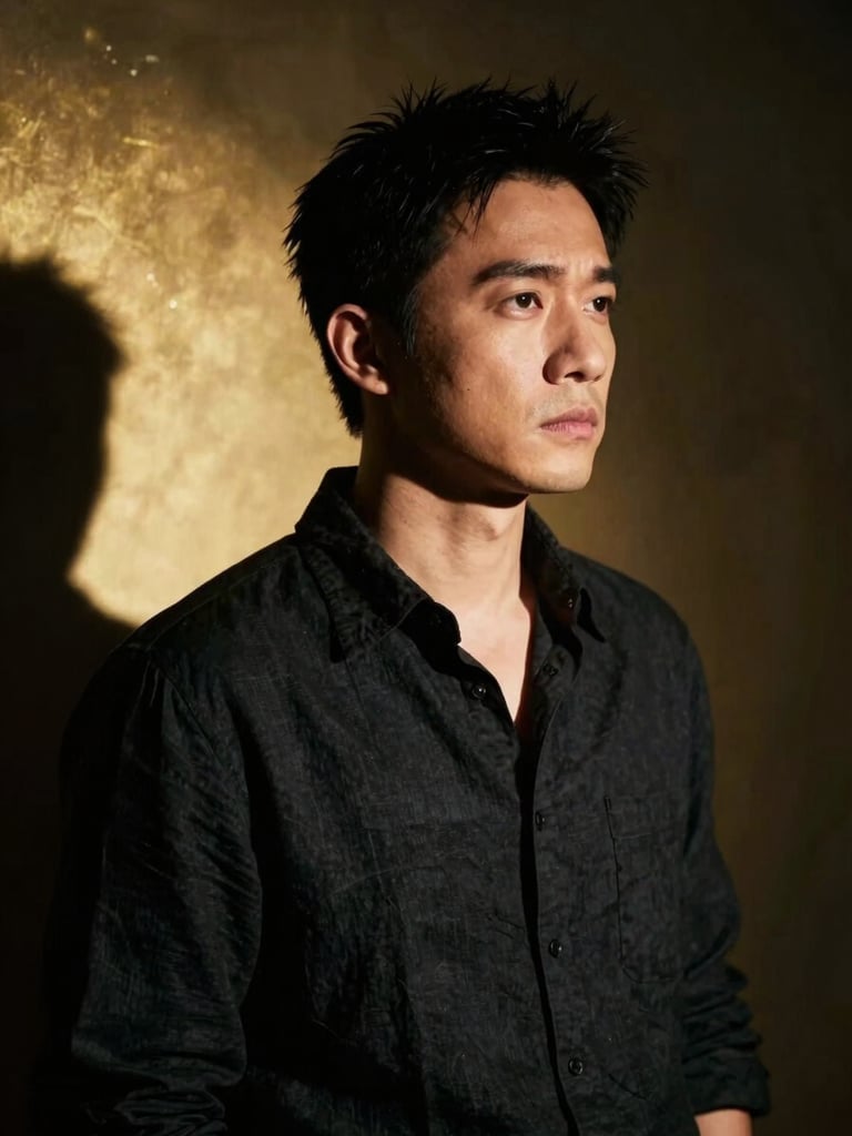 A large-scale editorial portrait of a male lead photographer, dramatic side lighting, deep shadows, wearing a black linen shirt, looking thoughtful, medium format film