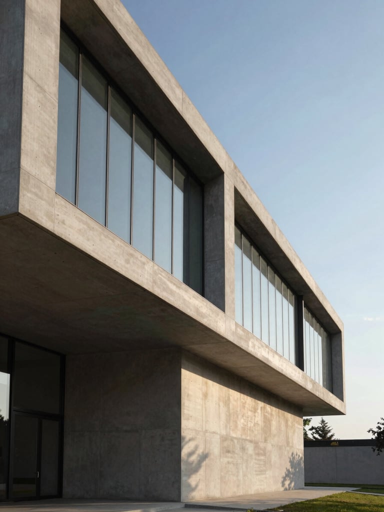 Vista angular de una estructura arquitectónica minimalista de hormigón y vidrio, líneas geométricas limpias que sugieren orden y solidez, luz natural de mañana con sombras suaves.