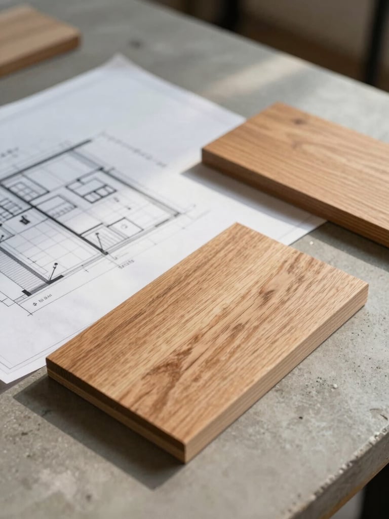 Close-up of physical architectural blueprints and raw oak wood samples on a clean concrete desk, soft natural daylight casting realistic shadows, high-trust professional atmosphere.