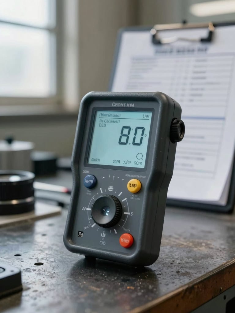 Close-up of a calibrated sound level meter resting on a worn industrial workbench, instrument display clearly lit, safety documentation visible in soft focus behind it, even daylight from a factory window to the left