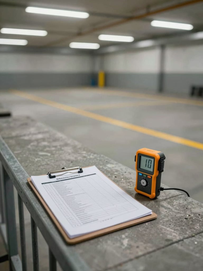 Wide environmental shot of an industrial floor audit in progress — no people present, only a clipboard with a printed checklist clipped to a metal railing, a calibrated lux meter placed on a concrete surface nearby, overhead fluorescent lighting casting even illumination across the marked hazard zone lines painted on the floor, slight depth of field pulling focus to the measurement device