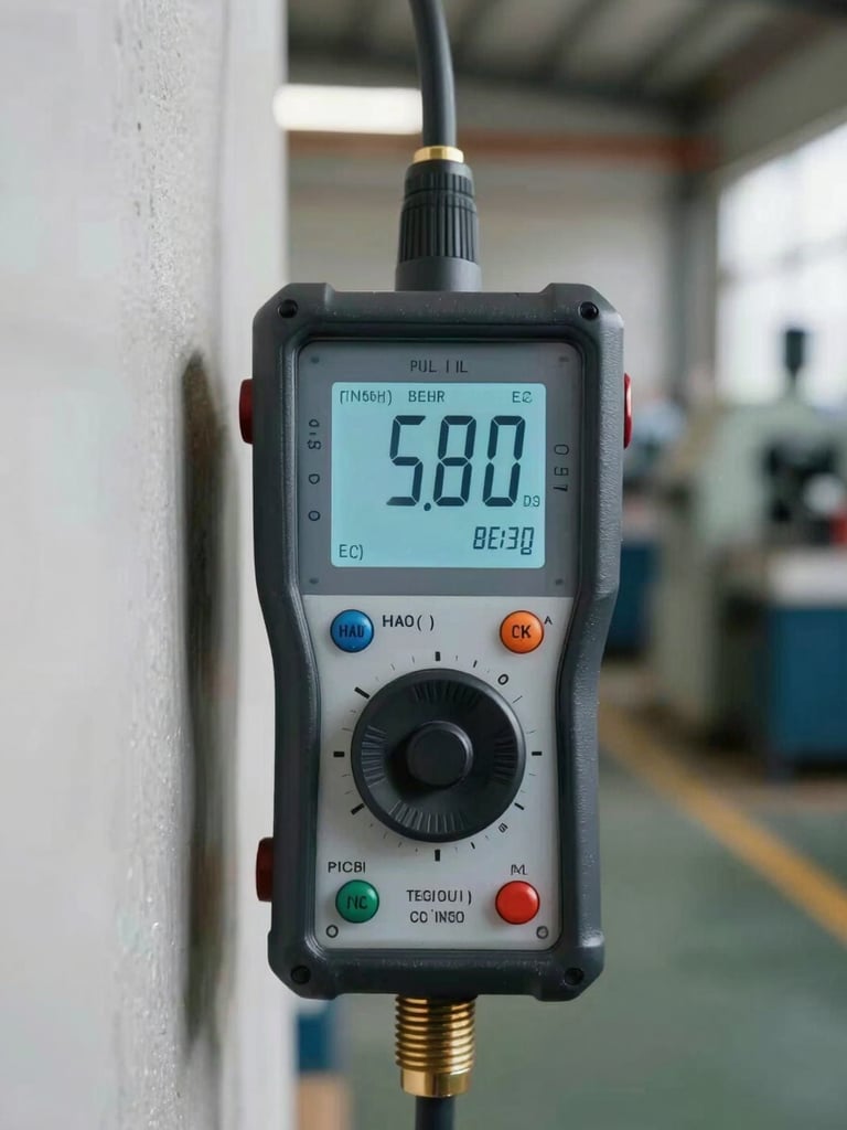Close-up of a calibrated sound level meter held against a factory floor wall, digital readout clearly visible, even industrial daylight, measuring instrument in sharp focus against blurred machinery in background