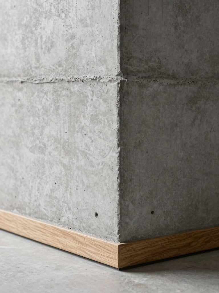 Close-up architectural detail of a concrete wall meeting a flush oak threshold at floor level, photographed in diffuse north-facing daylight. The frame is vertical, filling the column edge-to-edge. Material grain and the precision of the joint are the subject; no people, no props.
