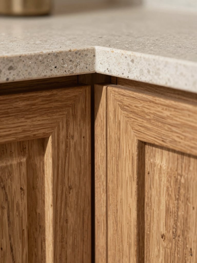 Extreme close-up of a kitchen cabinet corner—solid oak veneer front meeting a stone worktop edge, 2-mm shadow gap, natural daylight raking across the grain to reveal wood texture and stone crystalline surface; no props, no people, camera almost touching the material