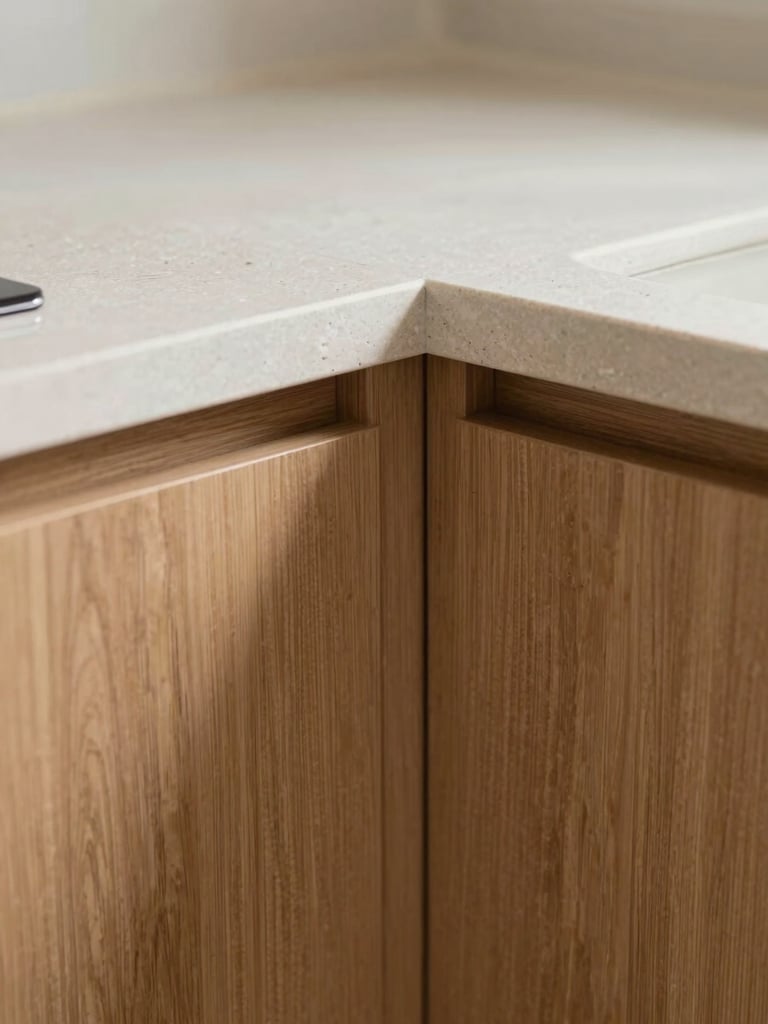 Extreme close-up of a kitchen cabinet joint, warm oak veneer meeting a matte stone countertop edge, shot in soft north-facing daylight revealing the precise flush alignment of the surfaces, no people, no props, no shadows