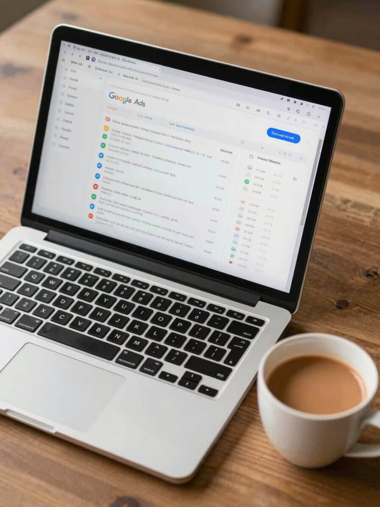 Overhead shot of a laptop screen showing a Google Ads dashboard with campaign metrics, a cup of chai beside it on a wooden desk, clean natural light, documentary framing