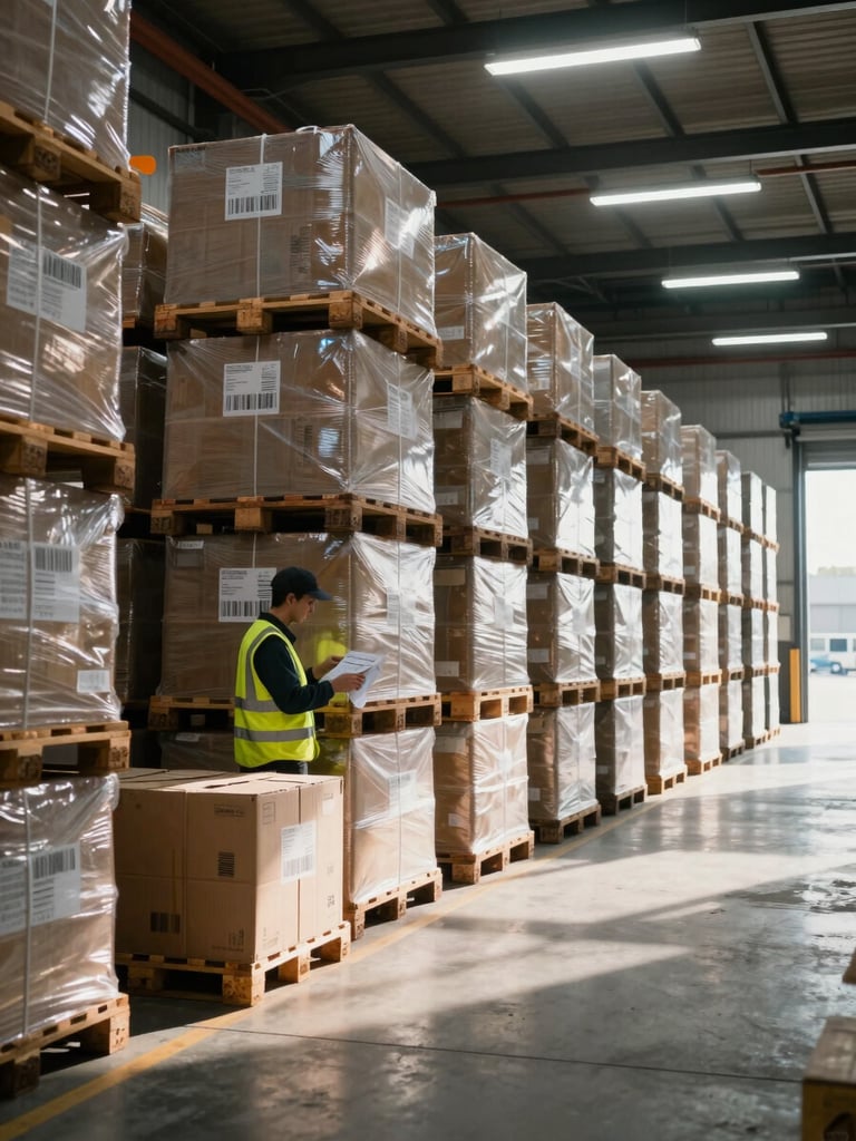 Wide environmental shot inside a large overseas cargo warehouse, rows of stacked shipping pallets receding into depth under industrial overhead lighting, a worker in hi-vis vest scanning a barcode on a crate in the foreground left, practical fluorescent ceiling lights casting hard shadows on concrete floor, natural light from loading bay doors at far right edge