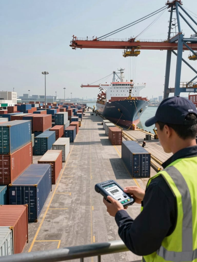 Environmental shot of a busy port container yard at midday, rows of containers in deep perspective receding toward a ship at berth, a worker in high-visibility vest scanning a container barcode with a handheld device in the foreground, practical overhead crane shadow cutting across the yard