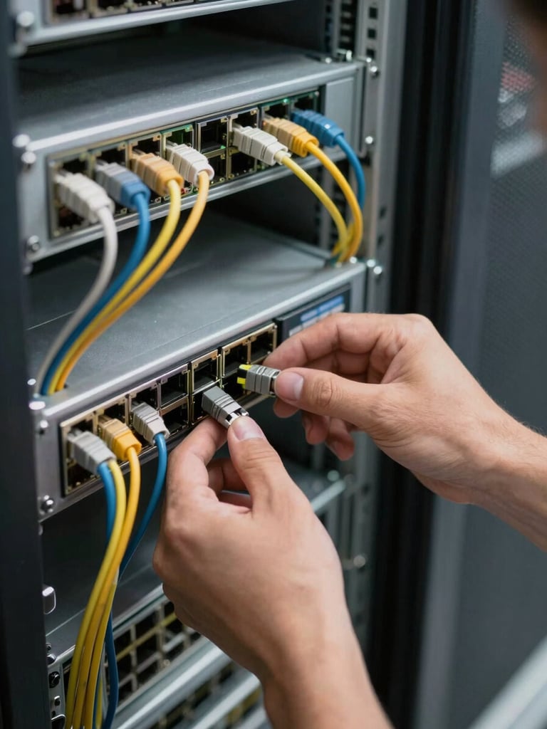 Close-up overhead shot of a technician's hands configuring a rack-mounted network switch in an institutional server room, patch cables colour-coded and neatly routed, tungsten lamp light raking across the steel chassis, blurred rack rows visible in background