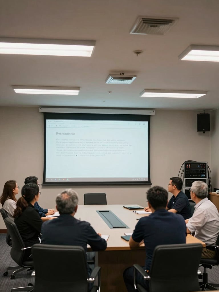 Wide-angle institutional meeting room, a large wall-mounted display active with a presentation, colleagues seated around a conference table under tungsten ceiling lights, cables and AV rack visible to one side, practical operational context