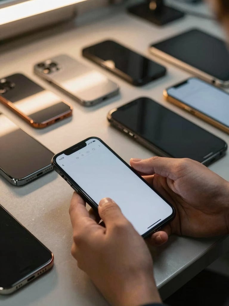 Close-up environmental shot: hands configuring a mobile device fleet on a steel-surface workbench, rows of smartphones and tablets visible in the background in a device lab, tungsten overhead lighting casting warm amber on the equipment, shallow depth of field on the foreground device screen