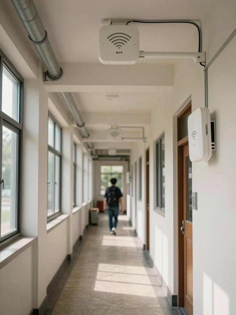 Environmental wide shot of a college corridor with Wi-Fi access points mounted on ceiling brackets, network conduit running along the wall, natural north-facing daylight from windows on one side, a student walking past in soft background focus, infrastructure visible and purposeful