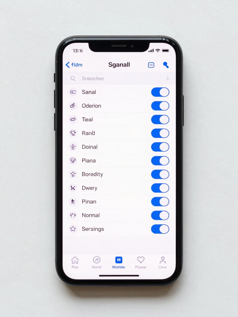 Overhead flat-lay of a smartphone screen displaying mobile network signal settings menu, bright even daylight from above, phone centred on white surface, technical UI detail sharp and legible, no hands, no branding visible