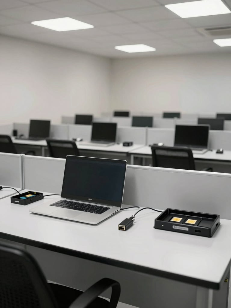 Wide environmental shot of an organised, empty support desk with a laptop, SIM card tray, and network cables laid out precisely, bright even overhead lighting, no people, clinical and direct composition