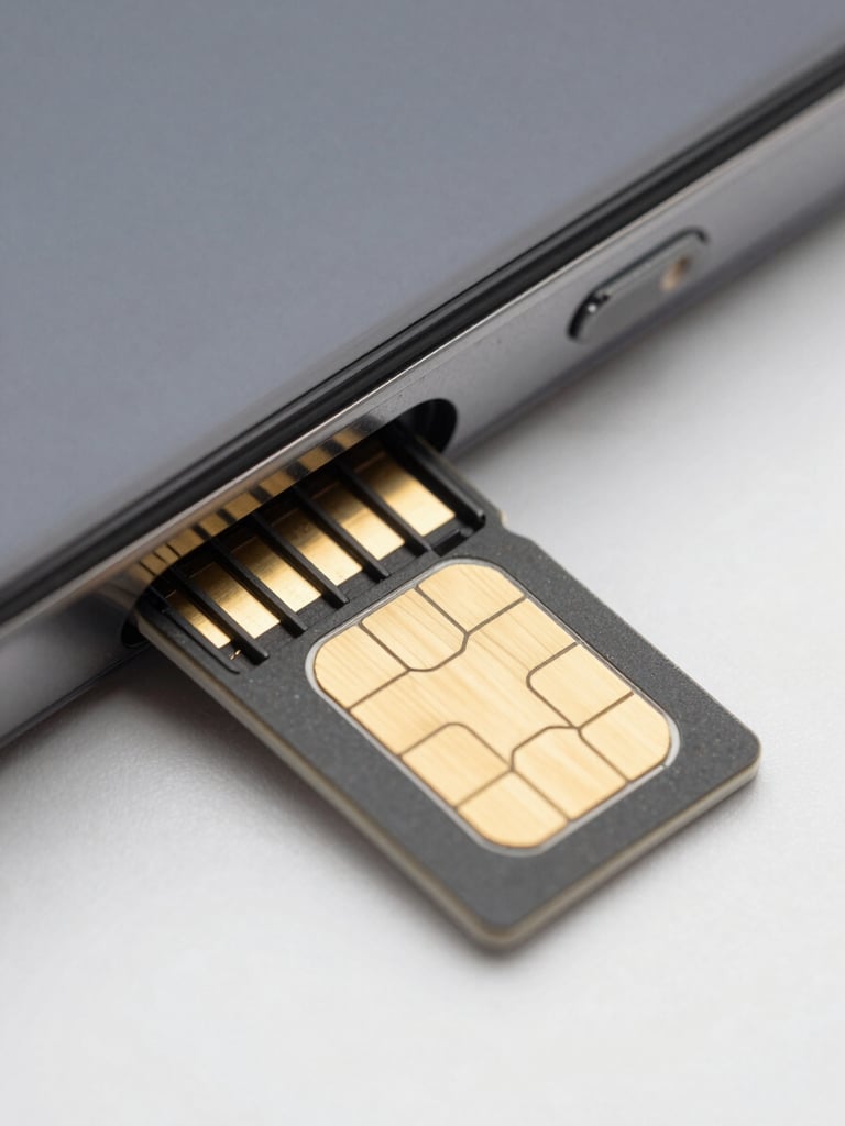 Extreme close-up macro shot of a nano SIM card being inserted into a phone tray, bright even studio lighting, sharp focus on SIM gold contacts, clean white background, overhead angle
