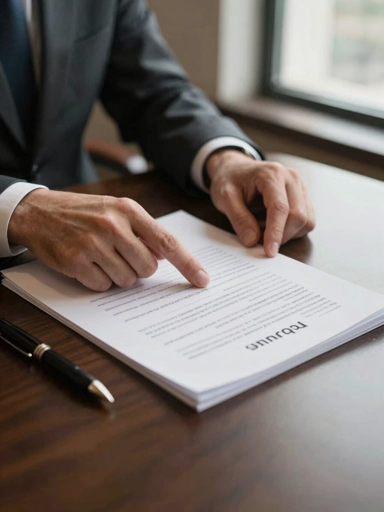 Close-up of hands at a conference table, one hand pointing to a printed contract document, another resting near a pen, institutional ambient window light from the right, charcoal suit sleeves, cream paper, formal working context