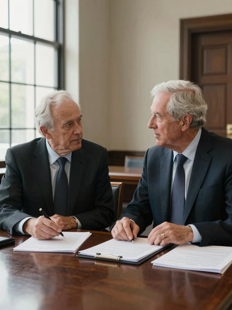 Medium shot of two senior professionals in dark business attire, mid-conversation across documents spread on a mahogany table, available window light from the left, federal building interior visible in the background, no eye contact with camera