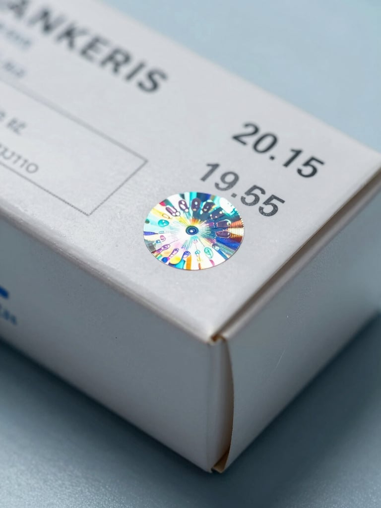 A macro, high-contrast photograph of a sealed pharmaceutical box showing technical batch numbers and a holographic security seal under cool, sterile clinical lighting.