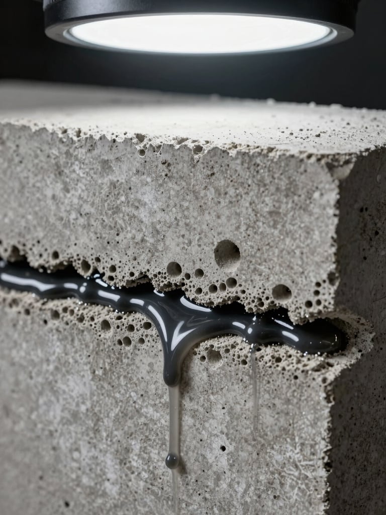 Extreme close-up cross-section of a concrete block with SBR waterproofing chemical visibly absorbed into the porous matrix, liquid penetration shown mid-absorption, studio strobe lighting from top, sharp technical framing