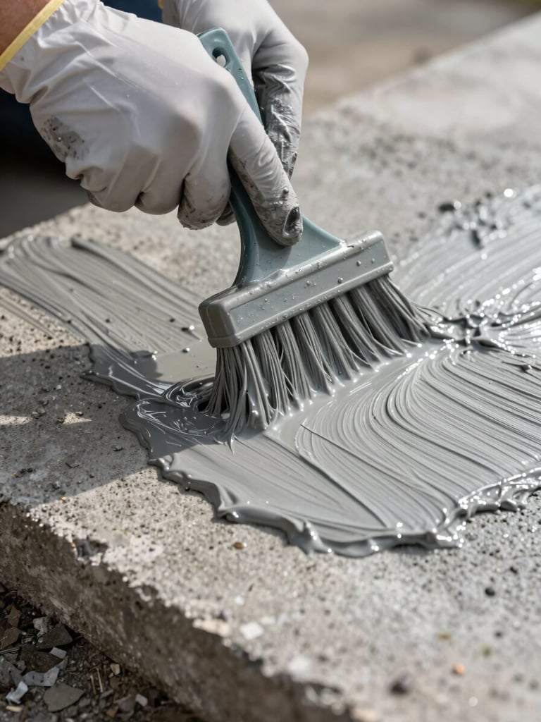 Extreme close-up of gloved hands spreading SBR waterproofing slurry onto a rough concrete slab with a wide brush, wet grey coating catching harsh neutral daylight from above, texture of bonded aggregate visible beneath, no background distractions
