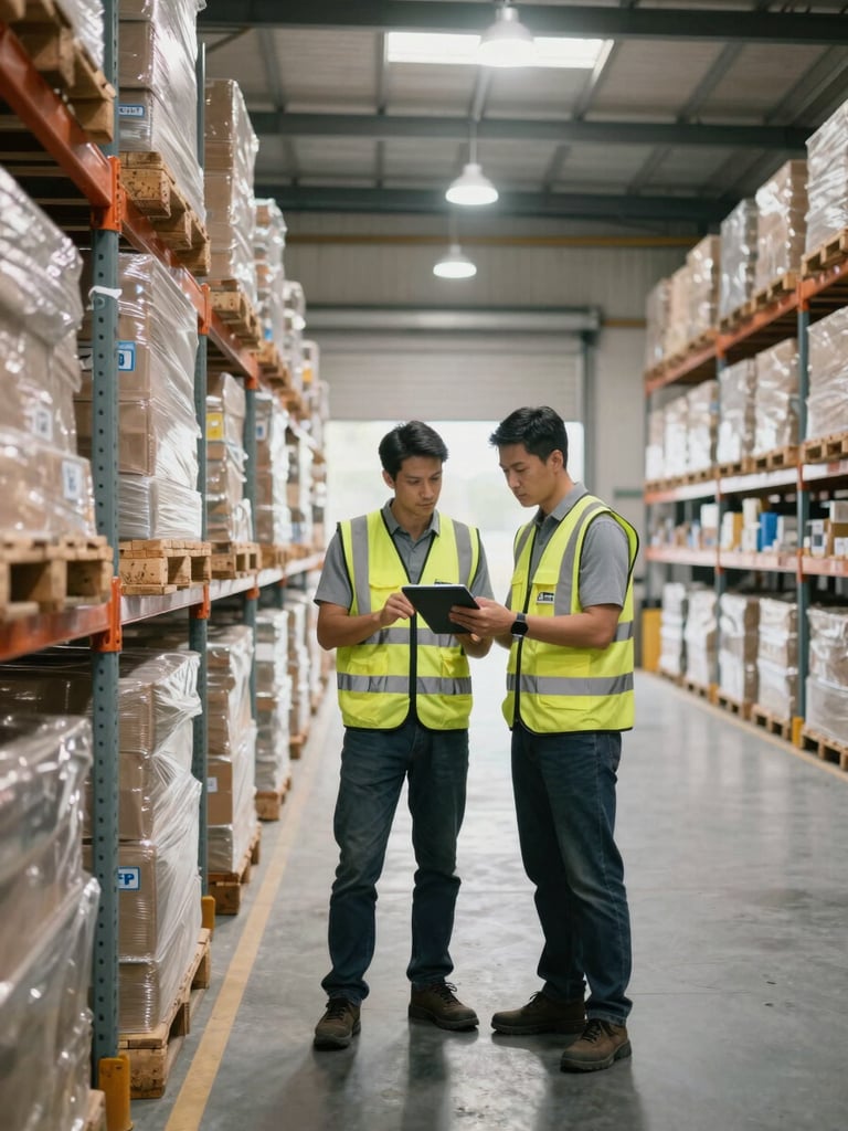 Wide shot of a warehouse shipping floor at mid-morning, two workers in hi-vis vests reviewing an Android tablet together beside a row of labeled pallets, overhead work lights supplemented by daylight from skylights, natural unretouched environment with visible inventory racks in the background