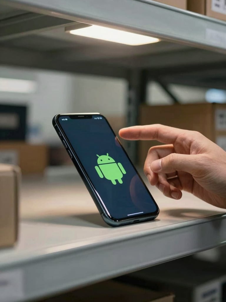 Medium shot of Android phone resting on a warehouse shelf edge, screen facing up under overhead work lights, a dispatcher's hand reaching toward it, natural daylight from a nearby window casting soft shadow