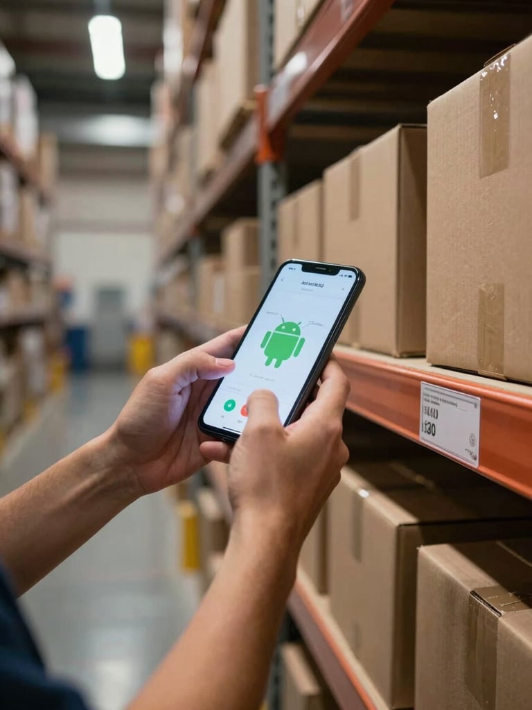 Medium shot from above, warehouse worker's hands gripping an Android device pointed at a shelf label in a dimly lit aisle, overhead work lights casting hard shadows on brown cardboard boxes stacked to the right, screen glow visible on the worker's wrists, no posed subjects