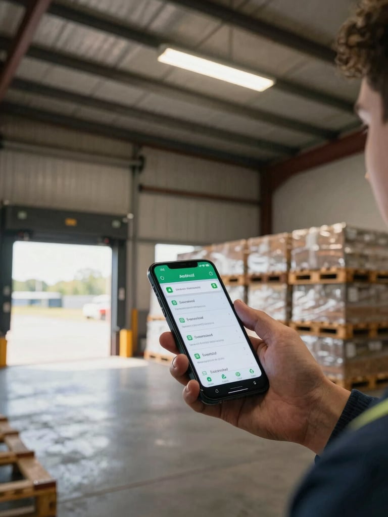 Medium-wide shot of a warehouse loading dock under natural daylight from overhead roll-up doors, a worker's hands holding an Android smartphone with a logistics app on screen, shipping pallets stacked in the background, warm industrial overhead light mixing with daylight, honest and unretouched