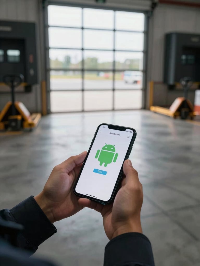 Medium shot from slightly above, a logistics coordinator's hands holding an Android phone at a warehouse loading dock, natural overcast daylight streaming through a wide roll-up bay door behind, concrete floor and a parked pallet jack visible in the soft background, screen illuminated and in active use
