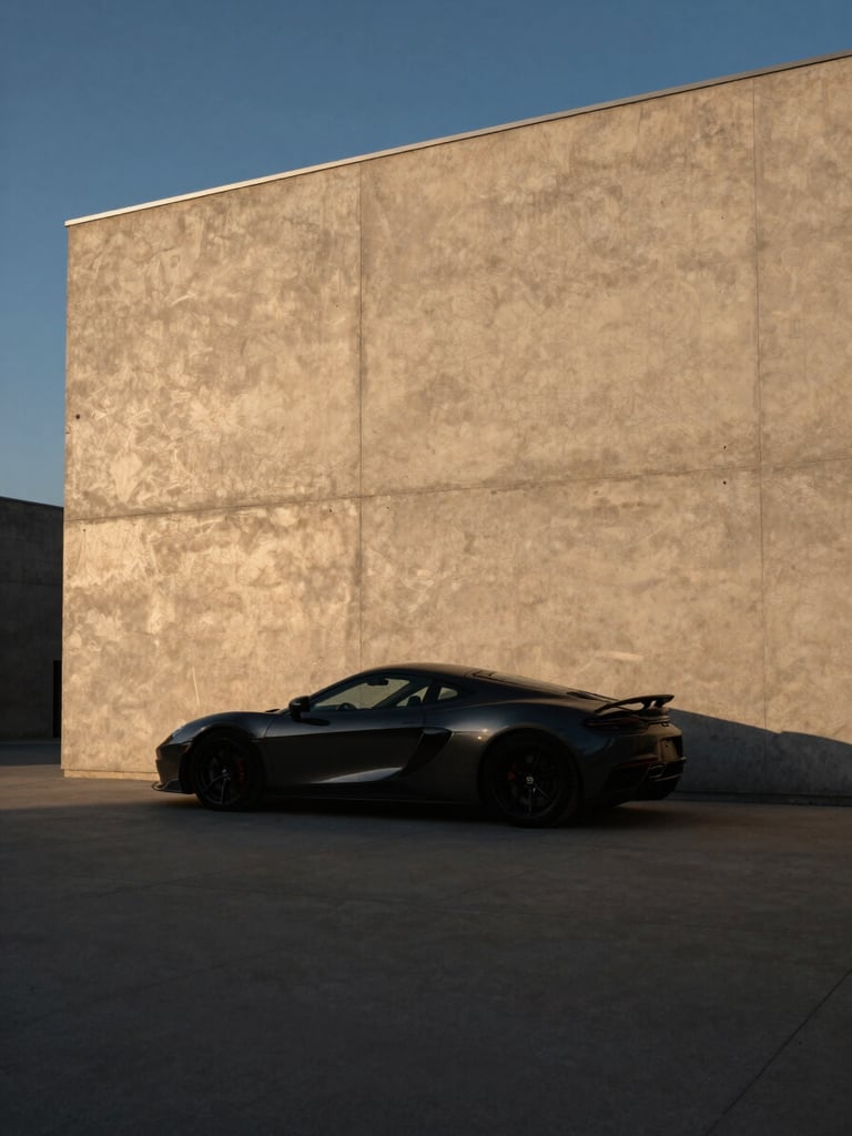 Low-key dramatic architectural shadow, a sleek dark sports car silhouette parked beside a minimalist raw concrete wall at golden hour, sharp angles, negative space.
