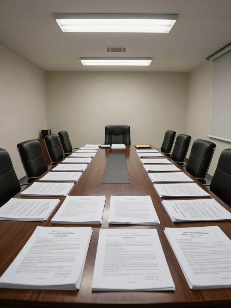Wide environmental shot of a Malaysian law office meeting room, overhead fluorescent lighting uncorrected, case files and regulatory documents arranged across a dark wood conference table, empty chairs, no people present