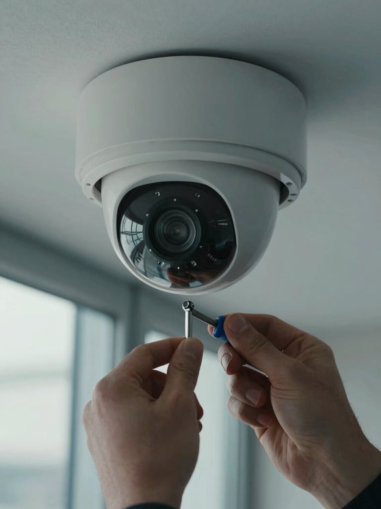 Extreme close-up of a dome security camera being installed on a ceiling bracket, technician's hands tightening the mount with a screwdriver, cool daylight from a nearby window, industrial office environment, no faces visible