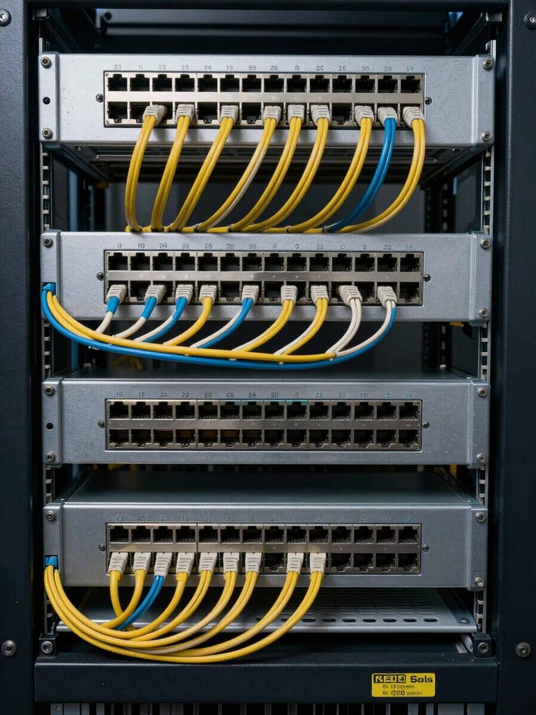 Close-up overhead shot of a structured network rack with neatly bundled cables, patch panels and switch ports visible under cool studio lighting, every cable labeled and color-coded, no human subjects